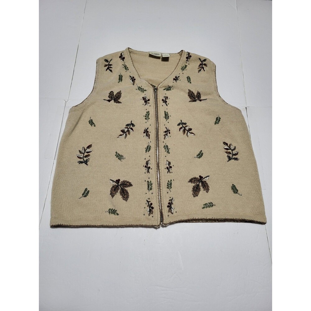(#L8)Vintage Classic Elements Knit Sweater Vest Full Zip Embroidered Cottage  L